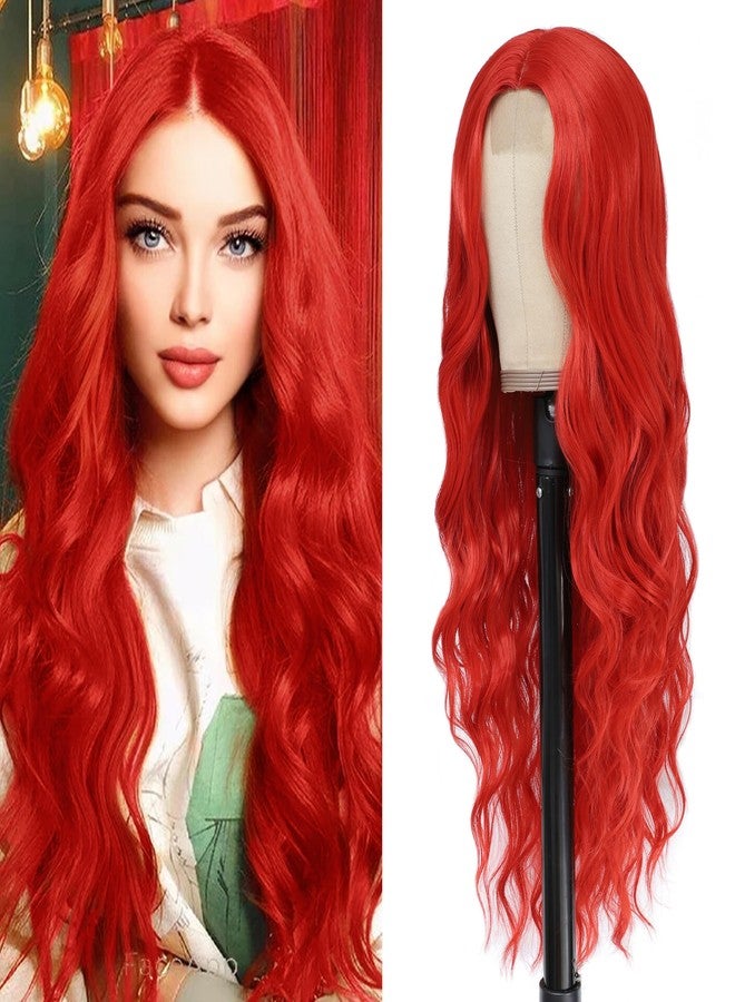 BUPPLER شعر مستعار طويل أحمر فاقع من BUPPLER، بطول 28 بوصة، فرق وسطي، شعر مستعار صناعي، شعر مستعار واقعي، هدايا، شعر مستعار للحفلات، شعر مستعار ملون للاستخدام اليومي (أحمر فاقع) - Image 1